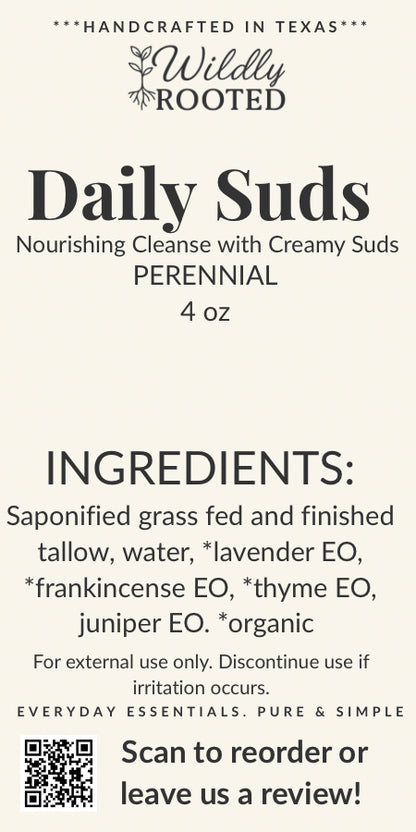 Daily Suds – Grass-Fed Tallow Soap Bar - (Hand, Face & Body Cleanser)