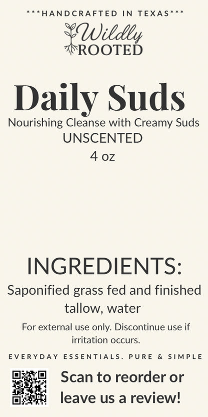 Daily Suds – Grass-Fed Tallow Soap Bar - (Hand, Face & Body Cleanser)